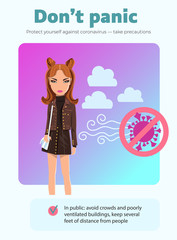 Coronavirus safety tips. Woman, Covid-19 stop sign