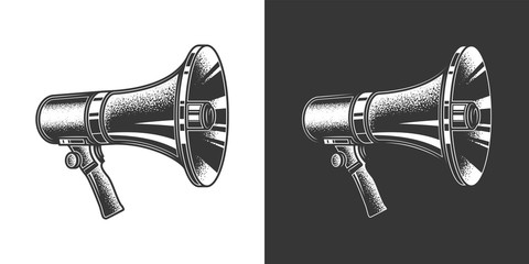 Original monochrome vector illustration. Megaphone. Hand-held loudspeaker horn in vintage style.