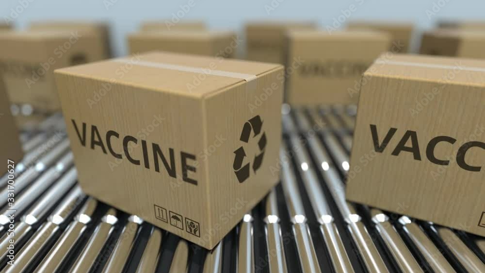 Poster boxes with a vaccine move on conveyors. loopable 3d animation