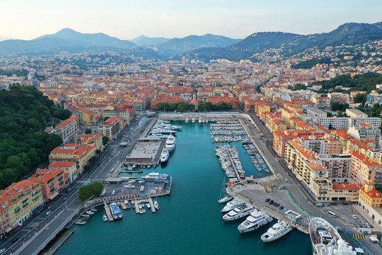 Beautiful view of the port of nice at sunset. Cote d 'azur aerial photography . French Riviera.