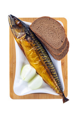 smoked mackerel fish with onions and brown bread on a white background