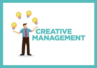Businessman playing with a number of light bulbs with the text Creative Management. Concept of creative management, corporate idea development and innovation.