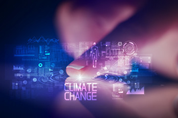 Finger touching tablet with web technology icons and CLIMATE CHANGE inscription