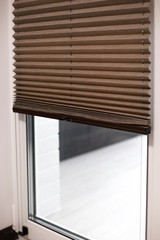 Pleated blinds with small fold 20mm close up on the window. Brown color bottom up top down home...