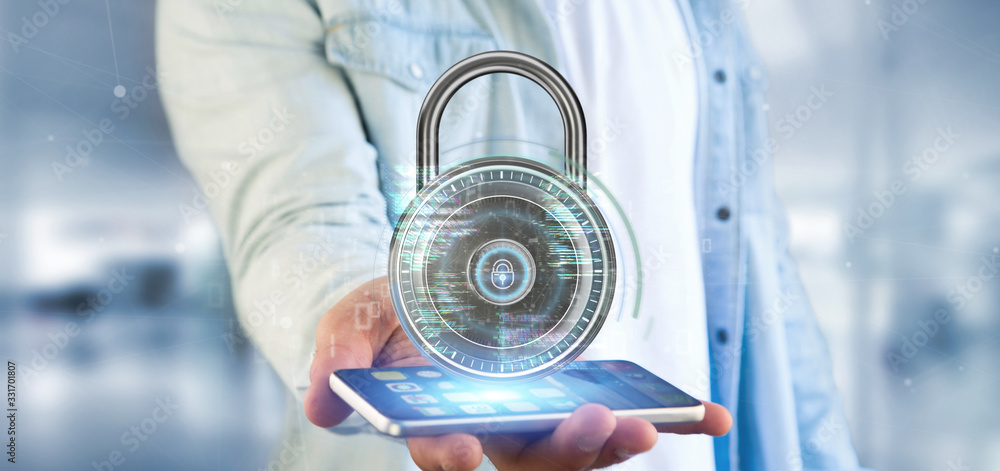 Aufkleber businessman holding a padlock and security data - 3d rendering