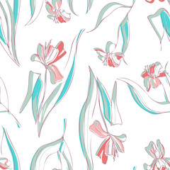Tulips Flowers Seamless Pattern. Hand Drawn Illustration.