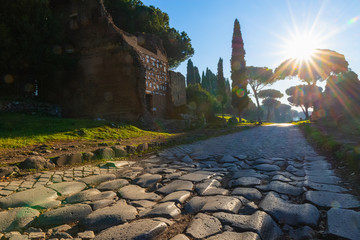 A stretch of the Appian Way, one of the most important streets of the Roman Empire. It was called Regina Viarum by the Latins. This road connected Rome to Brindisi, an important port in ancient Italy. - obrazy, fototapety, plakaty