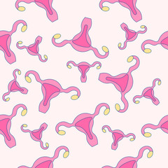 Seamless vector pattern with female reproductive system: uterus, ovaries. Perfect for medical design, cancer awareness day. Reproductive female system disease symbol. Vector illustration.