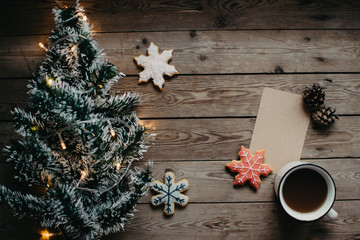 Christmas cookies. Flat lay winter cozy Christmas vintage background. The cup of tea or coffee. Christmas atmosphere.
