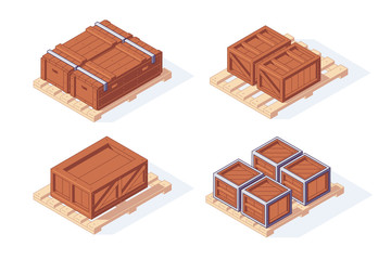 Isometric warehouse boxes pallet equipment shelf rack. 3d storage box pallets shelving stacking vector illustration