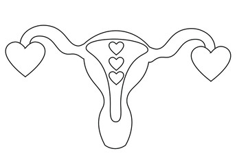 Vagina with hearts, female organ doodle  vector illustration, sticker, icon, design element. Black monochrome design. Isolated on white background. Feminism symbol.