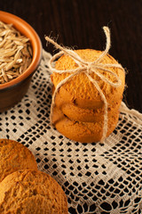 Oatmeal cookies on the table, the lace tablecloth vintage style