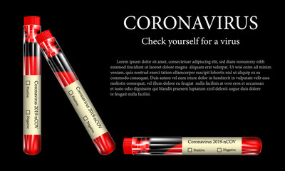 Test tube with blood sample for coronavirus (2019-nCOV), the concept of a positive or negative laboratory analysis result for COVID-2019, realistic vetcorny illustrations