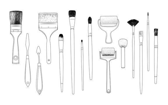 A set of art brushes, palette knifes and foam rubber rollers. Linear vector drawing of various tools.  Isolated elements in sketch style.  Hand-drawn vector illustration.