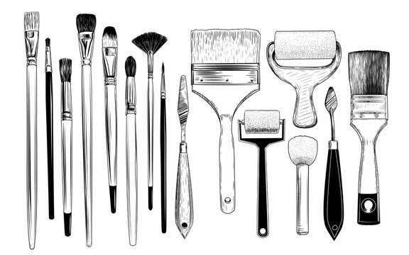 .A collection of sketches of art brushes, palette  knifes and foam rubber rollers. A variety of tools in vintage style. Hand-drawn vector design elements. Clipart..