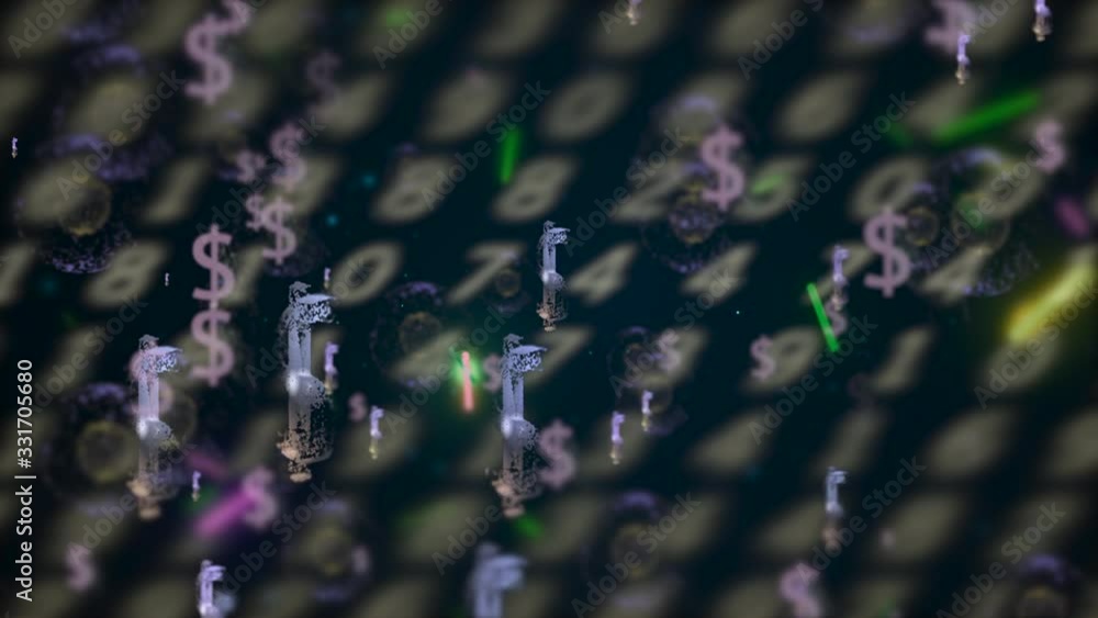 Poster world main currencies dropping over blurred background with moving rows of numbers.