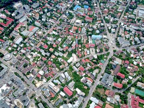 Aerial Landscape Of Downtown Bacau City Romania Eastern Europe
