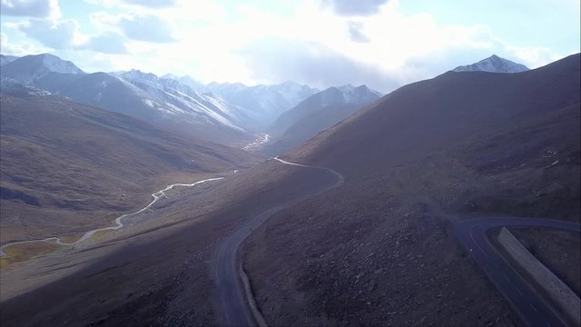Aerial view of Road while reaching Babusar top in Pakistan when traveling from Naran to Gilgit Hunza Valley