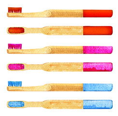 brush natural clean bamboo ecological zero waste bathroom isolated watercolor wooden comb