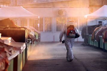 Coronavirus Quarantine. Disinfection and decontamination on a public place as a prevention against Coronavirus disease 2019, COVID-19. State of emergency over coronavirus