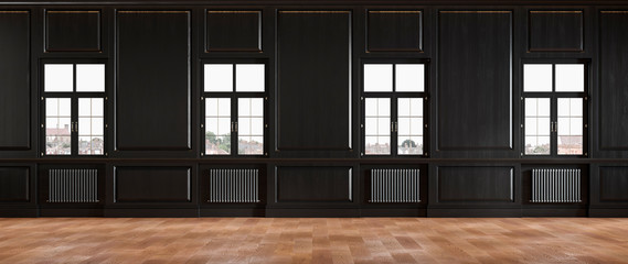 Black classic loft room interior with wall panel and windows. 3d render illustration mock up.