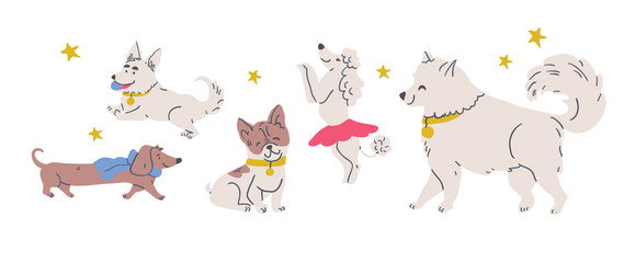 Illustration of cute dog breeds and stars, puppy