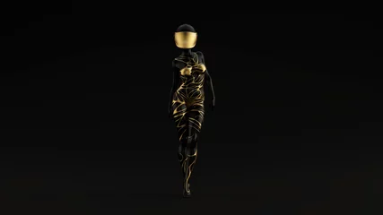 Wanddecoratie Zwart goud Black Gold Alien Witch with Space Crash Helmet Walking Front View Black Background Front View 3d illustration 3d render  © paul