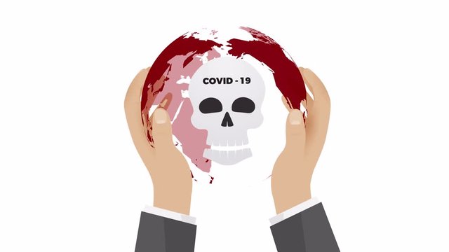 red planet earth in human hands with human skull danger concept