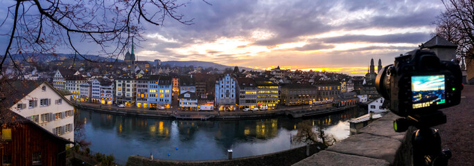 panoramic picture old town zurich at sunrise