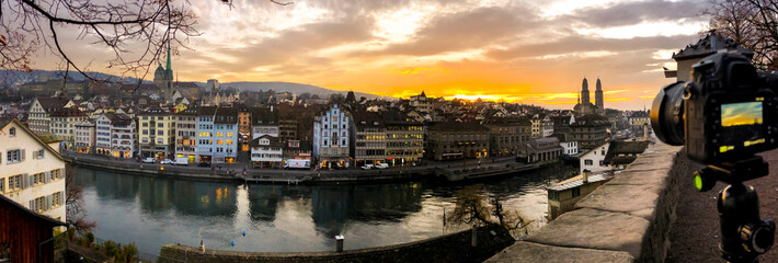 panoramic picture old town zurich orange sunrise - obrazy, fototapety, plakaty