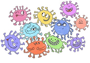 Hand drawn cartoon illustration of molecules of coronavirus infection covid-19 for kids. Doodle fun characters of pathogen microorganism for school program. Isolated on a white background.