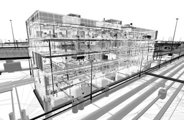 Digital image of a BIM model of an office building with transparent walls