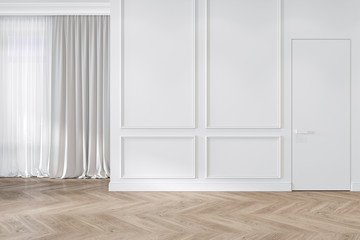 Modern classic white interior blank wall with moldings, curtains, hiden door and wood floor. 3d render illustration mock up.
