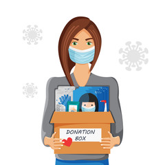 Vector concept of girl in mask with donation box. Design of charity assistance and social health care. Young woman holding box with breathing respirator mask, globs, medicine, antibacterial products