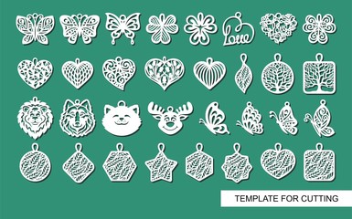 Large set of cute decorative ornaments with leaves, flowers, butterflies, hearts, animals. Template for laser cutting, metal engraving, wood carving, plywood, cardboard, paper cut. Vector illustration - obrazy, fototapety, plakaty