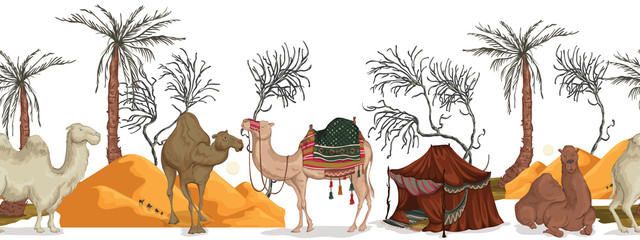 Seamless border with camels in different poses, sand dune of desert, nomad tent, dried and palm tree. Vector illustration - 331709010