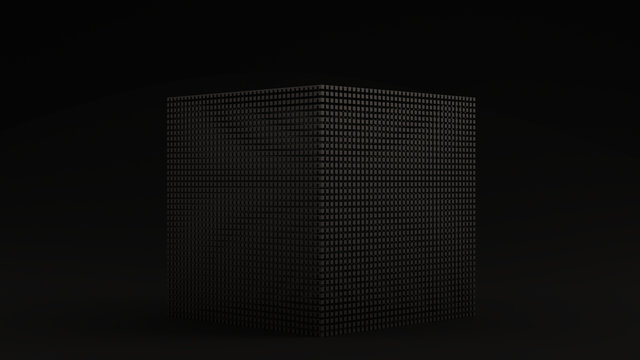 Black Cube Made out of Lots of Small Cubes with a Visual Aliasing Stroboscopic Effect Black Background 3d illustration 3d render