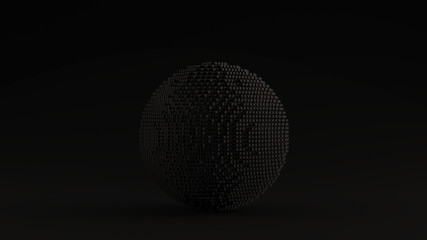 Black Sphere Made out of Lots of Small Cubes with a Visual Aliasing Stroboscopic Effect Black Background 3d illustration 3d render