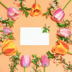 Round frame made of colorful pink and orange tulips and cherry blossom twigs on peachy paper background with white blank card. Beautiful spring layout. Floral mock up for greeting card