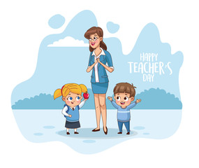 happy teachers day card with teacher and students