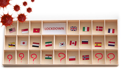 Red  virus  group with  box wooden have note paper have text "Lockdown"  and The country's flag with a virus  covid-19 outbreak. Concept Close the country to prevent a  virus.