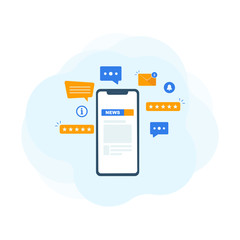 News website on smartphone  screen. Set of different icons. Online news. Modern flat design vector illustration. Outbreak of novel coronavirus news around the globe.  Stay informed. 