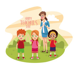 Fototapeta na wymiar happy teachers day card with teacher and students in the field