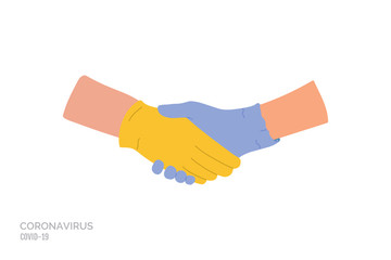 The handshake is protected with medical gloves. Precautions and prevention of coronavirus disease. Warning, dangerous infection on hands. Flat cartoon colorful vector illustration.