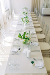  Light decor in the style of fine art. Glasses and tulips in the composition. Wedding table decor with white Studio.