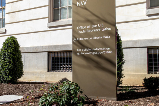 Washington, D.C., USA - March 1, 2020: Sign of The Office of the United States Trade Representative  in Washington, D.C., USA. USTR is the United States government agency. 
