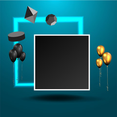 Metallic golden stage with floating geometrical forms and glow neon light, round platform, realistic minimal background, 3d luxury frame scene
