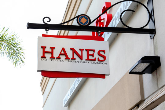 Orlando, Florida, USA - February 5, 2020: Hanes store sign in Orlando, Florida, USA. Hanes is an American brand of clothing currently owned by the HanesBrands.