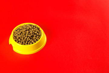 Yellow bowl with cat food on a red background. The concept of healthy eating for a pet. Copy space.