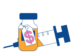 Vaccine price color icon. Medical vial with cost label. Pharmacy. Medications, drugs with dollar tag. Isolated vector illustration
